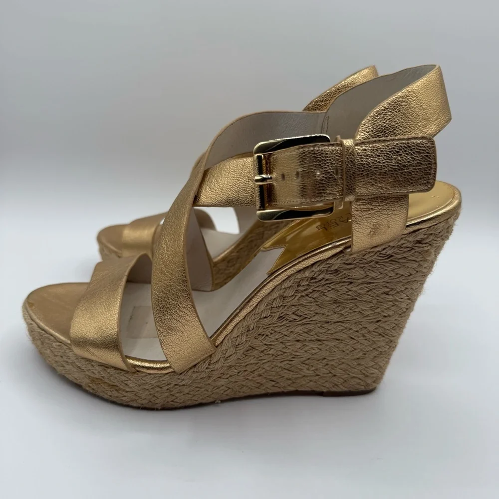 Michael Kors Metallic Gold Wedge-Platform Ankle Strap Espadrilles Size 11M - Picture 4 of 16